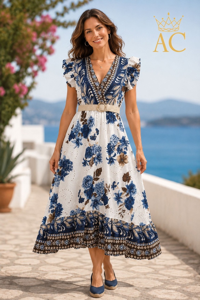 Robe longue d'été Ottelina nm100 floral chabour ajour brodé coton croisé col en V ourlet volant