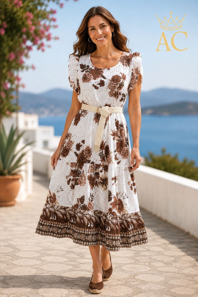Robe longue Olea nm100 floral chabour ajour brodé coton encolure ouverte ourlet volant