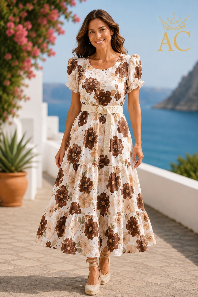 Robe longue d'été Olea nm100 ajour coton floral brodé encolure ouverte et jupe cloche à 2 étages