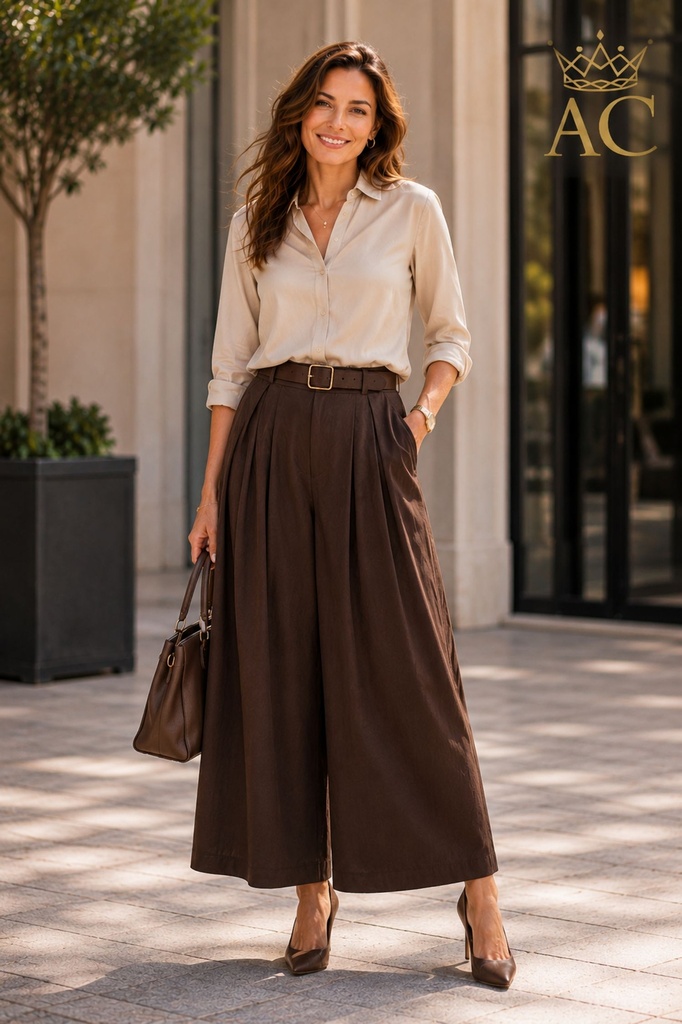 Wijde culotte broek Summer nm100 katoen bandplooien ecolederen riem elastische taille
