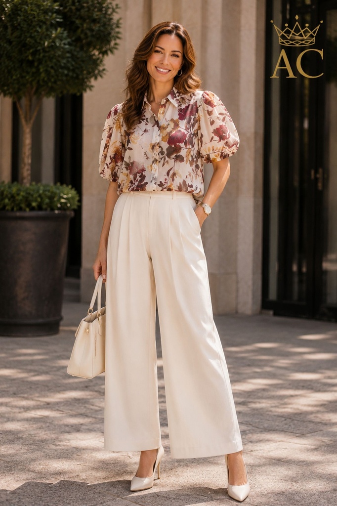 Blouse Susanne nm85 tencel botanische print gepofte mouw kraag en doorgeknoopt