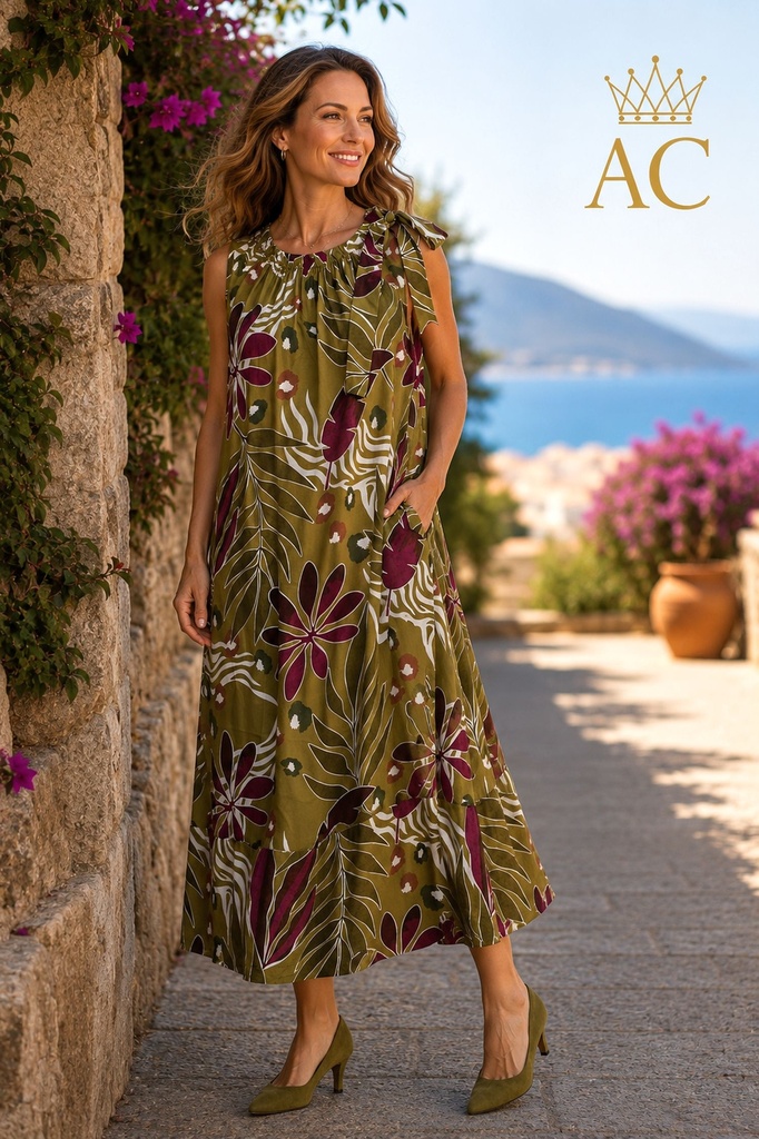 Oyu nm100 Off-Shoulder Dress with Flower and Branch Print and Bow on the Left Shoulder