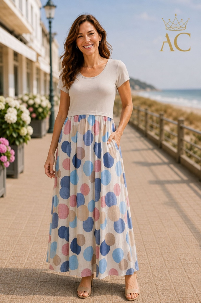 Serra Maxi Dress NM95, bell-shaped skirt, polka dot print, short sleeves, fitted top