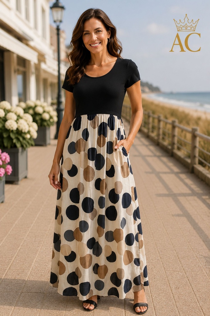 Serra Maxi Dress NM95, bell-shaped skirt, polka dot print, short sleeves, fitted top
