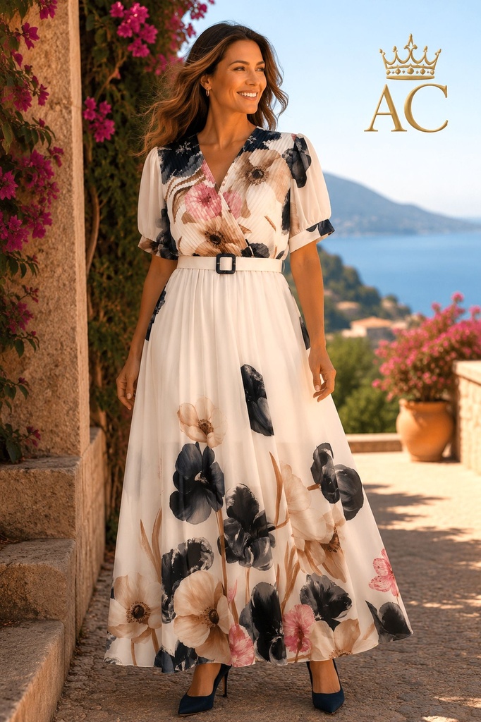Robe longue Osayuware, taille 44 XL, imprimé anémones et corsage plissé 