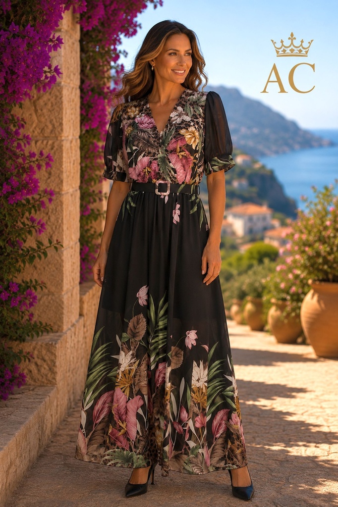 Langez Dress Oromé Size 44, floral and leaf leopard print, crossed V-neck, pleated torso