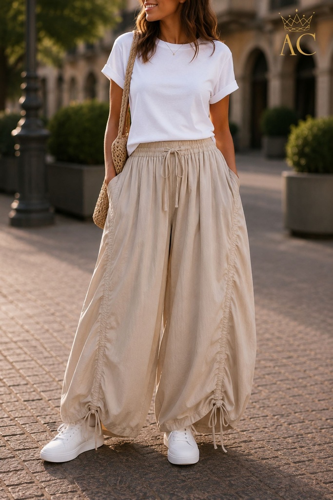 Pantalon Shirley nm100, coupe ballon, en coton, jambes larges, taille élastiquée, cordon de serrage à la taille et aux jambes