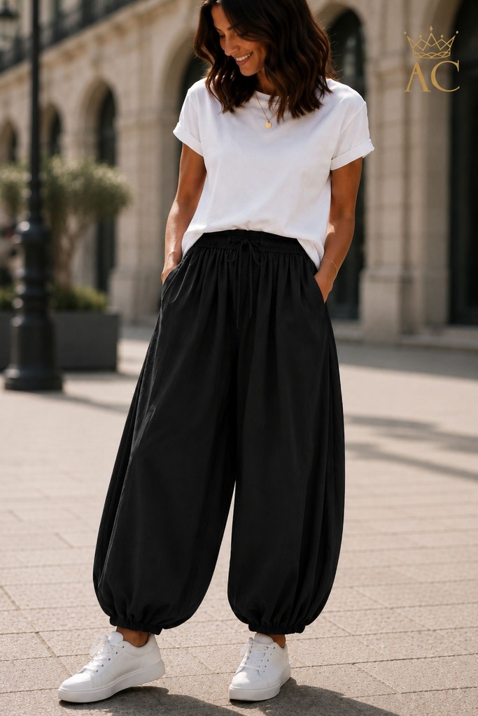 Sietske pants, 100% cotton, balloon style with an elastic waistband and hem, drawstring, and side pockets