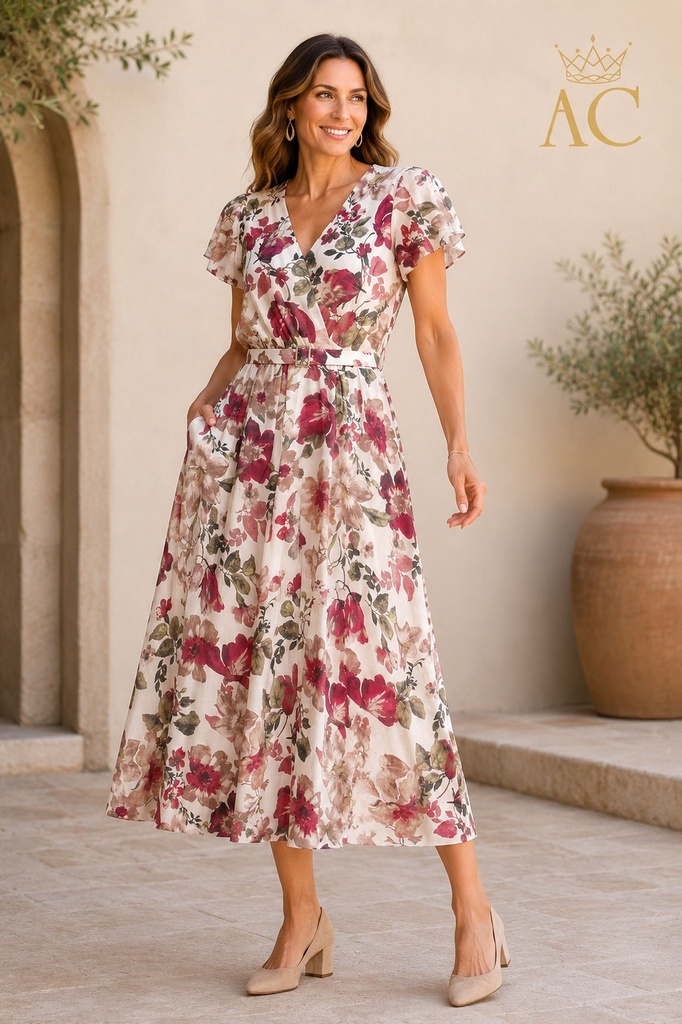 Osasojie nm92 Long Tencel Dress with Floral Print, Crossed V-Neck, and Flounce Sleeves