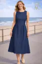 Jurk Selena nm65 jeanslook klokrok mouwloos aansluitend bovenstuk tailleplooien en rugrits