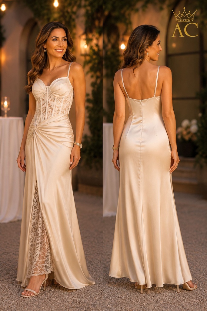 Robe longue Osas en satin épais et dentelle, nouée sur le côté droit de la taille, avec des bonnets froncés