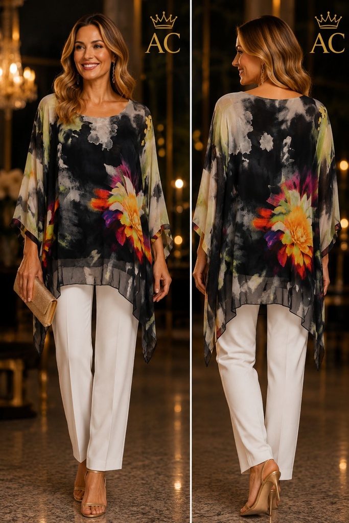 Tunique Steyn nm98 soie cravate die flou floral avec ourlet pointu et sous top