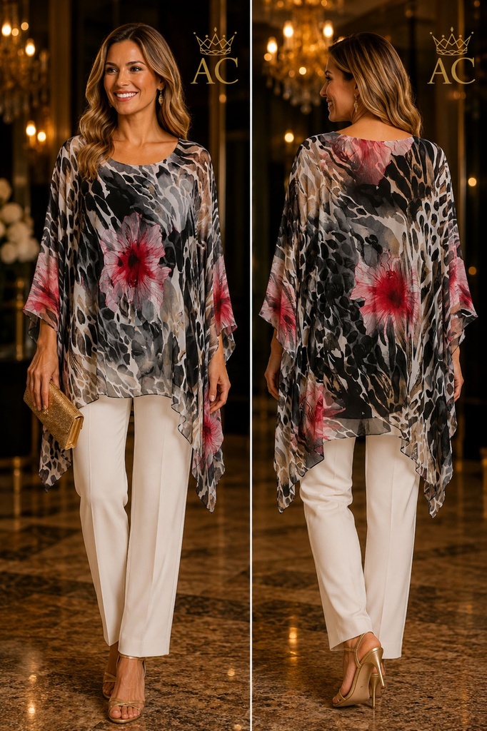 Tuniek Selin nm97 zijde tie dye lelie en luipaardprint met puntige zoom