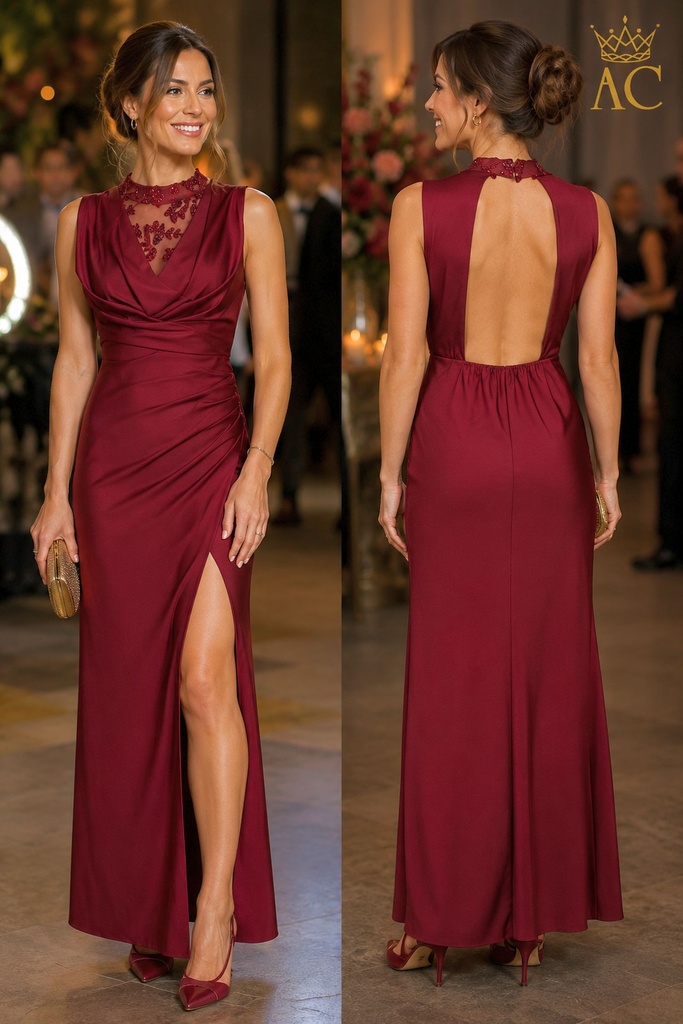 Col drapé en satin orné de paillettes, chemisier à dos nu et fente à la cuisse