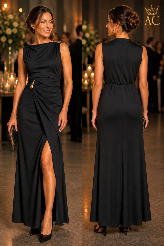 Long Oriasha satin cocktail dress with an envelope skirt and gold-plated brooches on the shoulder and waist