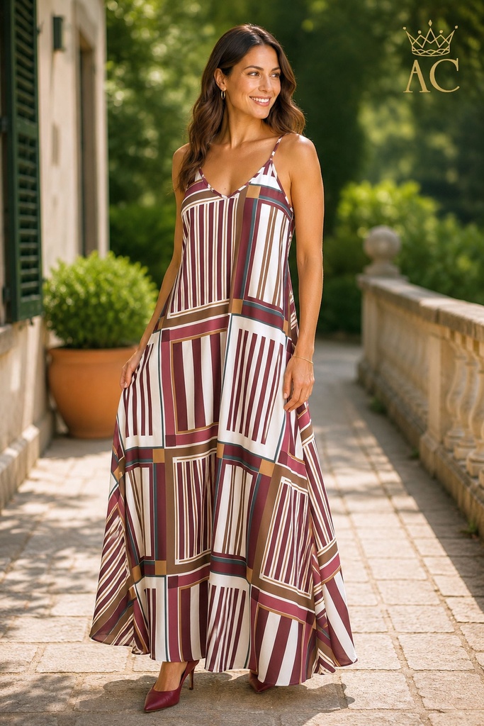 Robe longue en satin Oringo à motifs Ralie et bretelles spaghetti