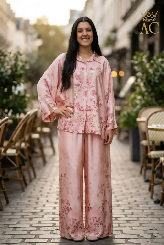 Satin pants, Senn nm100, floral print, wide-leg