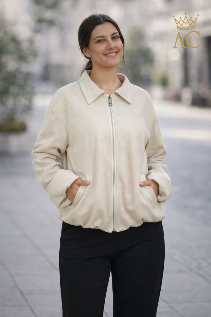 Teunis Jacket, eco-suede, puffed hem, zipper closure 