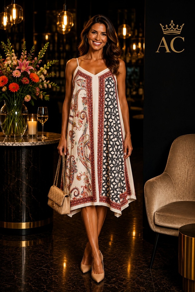 Tasnim Dress: Cashmere Flower Patch, Checkered, Striped, A-Line, V-Neck, Delicate Straps