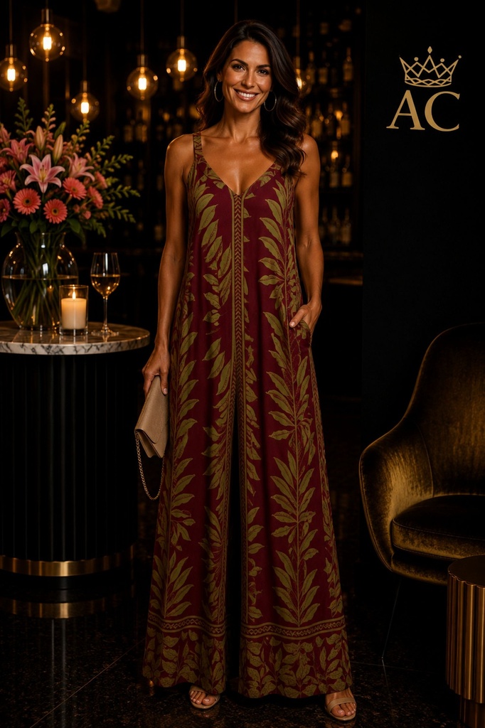 jumpsuit Taha nm100bladstroken V-hals open rug medium bretel