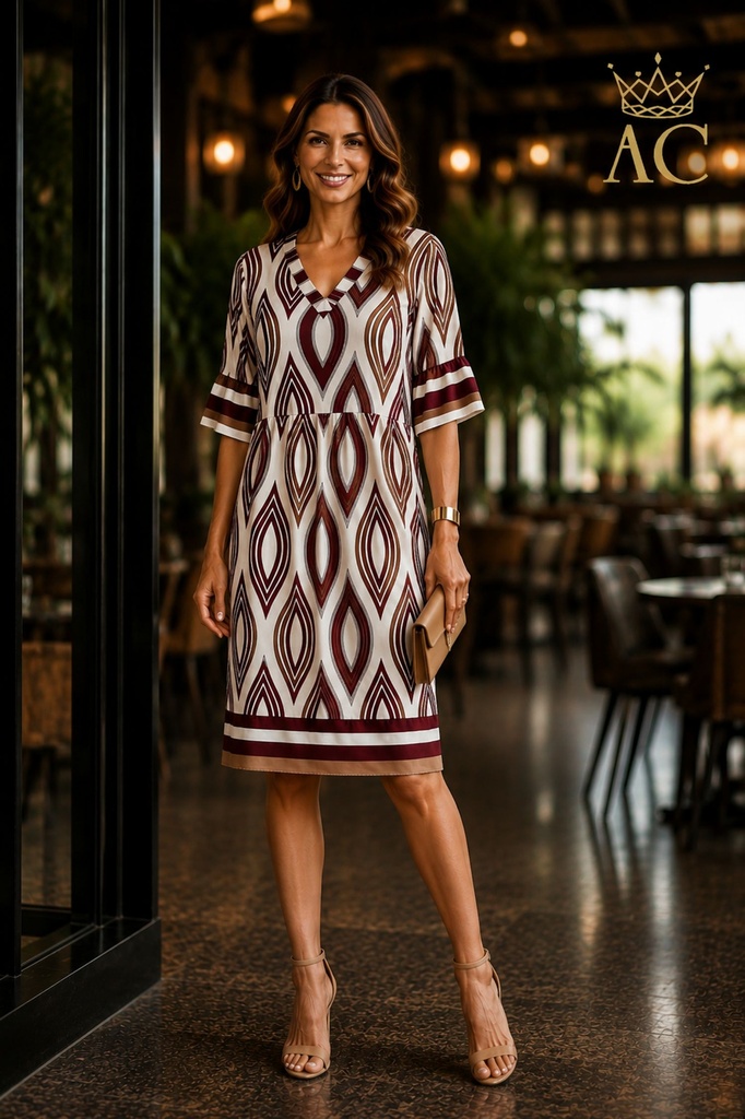 Robe Peri nm100 à motifs géométriques, col en V et manches à volants