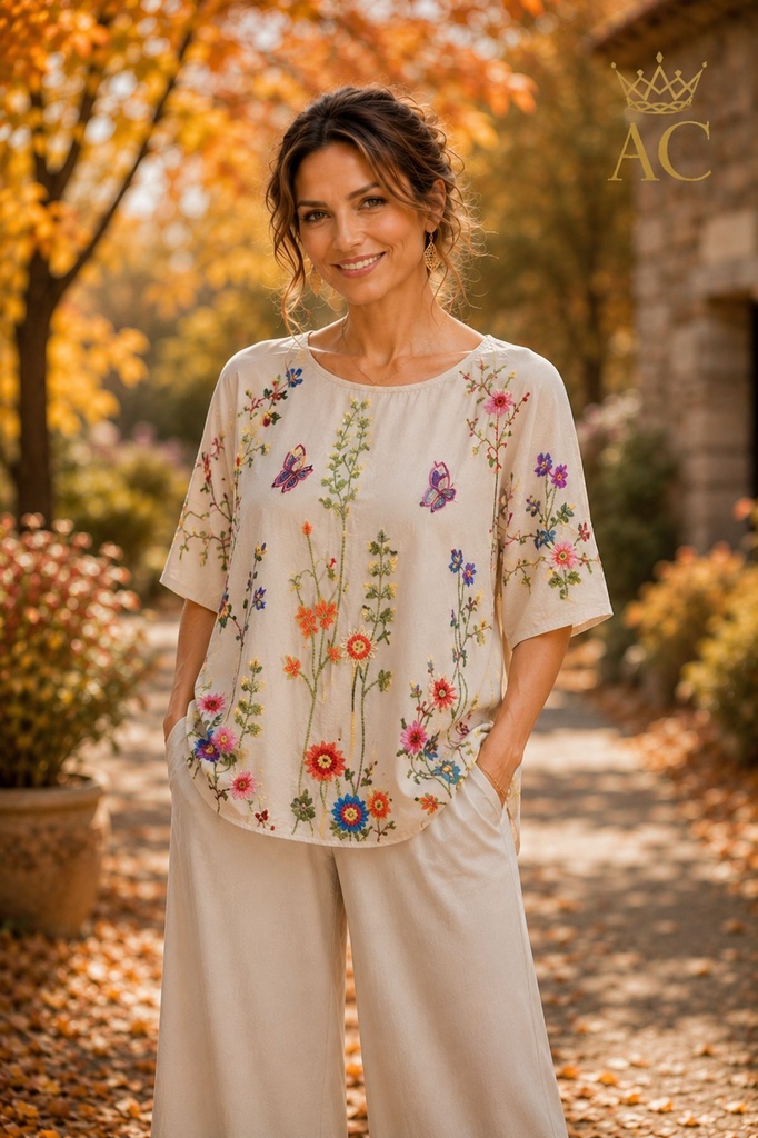 Thymen nm97 Blouse  with embroidered flowers and butterflies, open neckline, and pointed hem