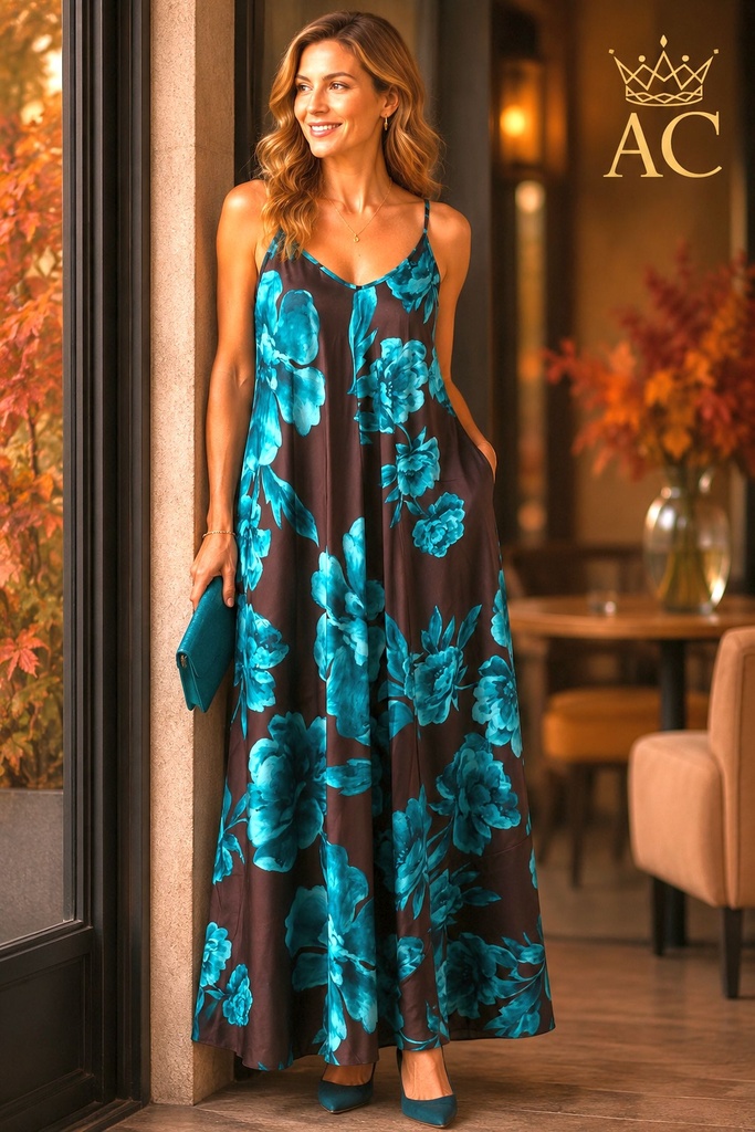 Robe longue en satin « Vigo » à imprimé roses, bretelles spaghetti, coupe trapèze extra-large