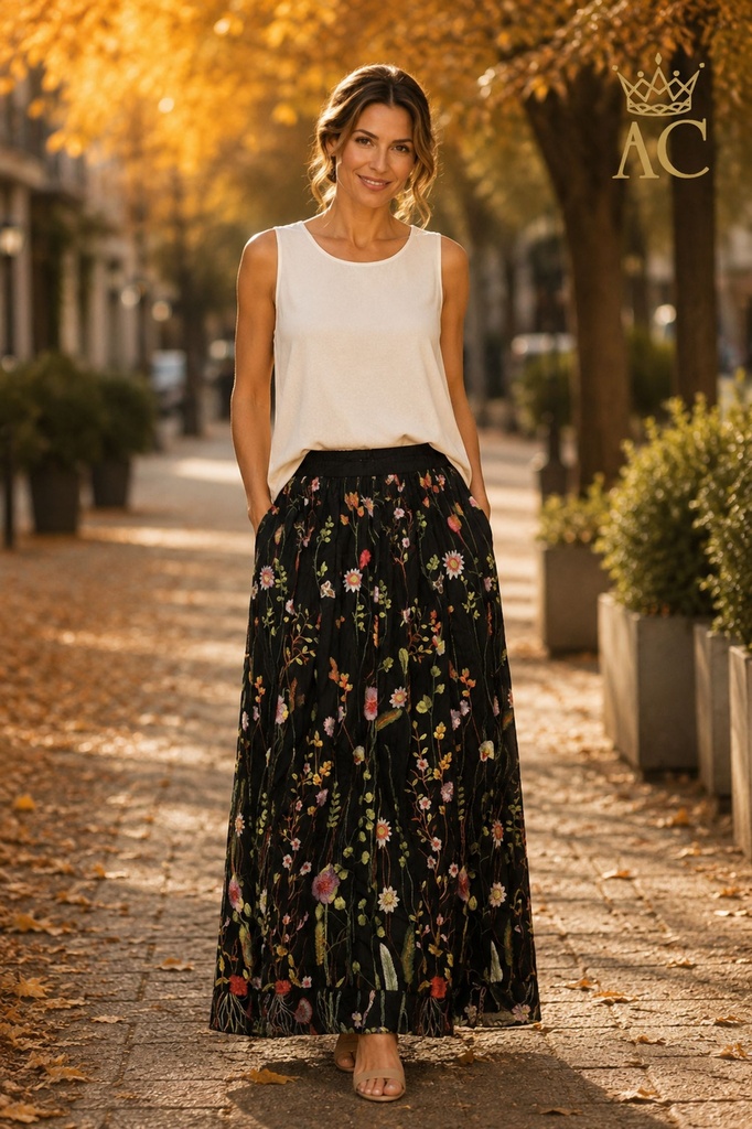 Thijme Skirt with Embroidered Wildflowers on Silk Meadow Jersey with Waistband