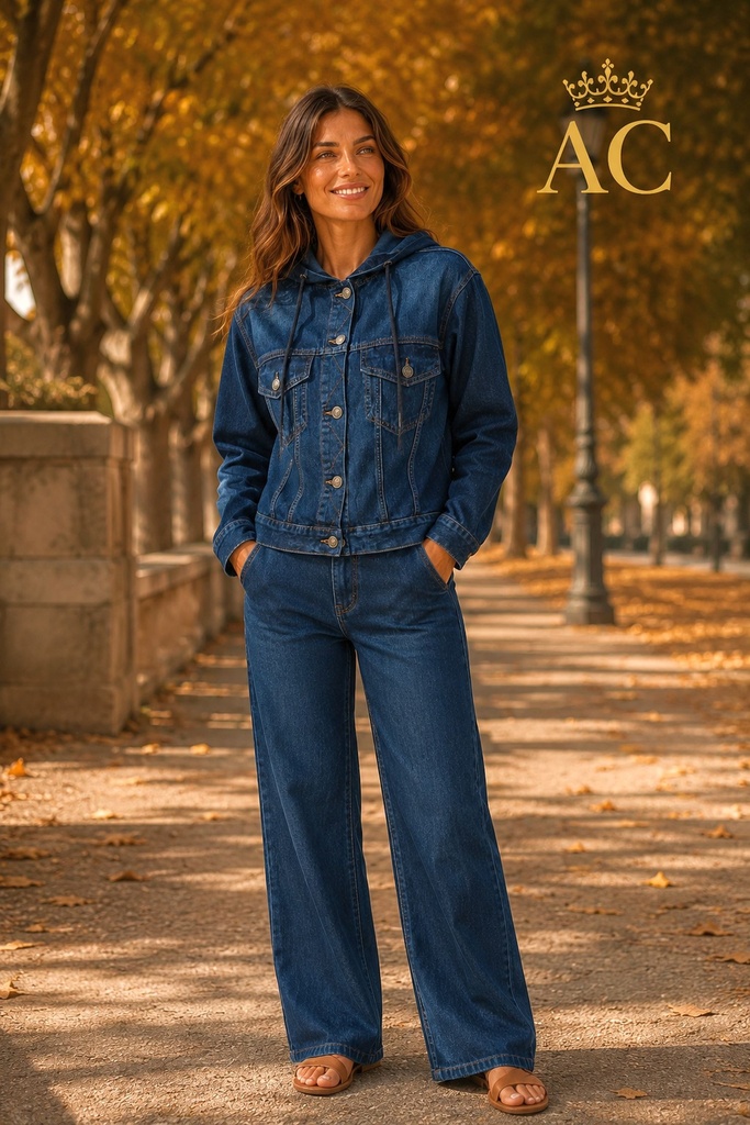 Denim jacket with V-neck, drawstring, 2 chest pockets, and metal buttons