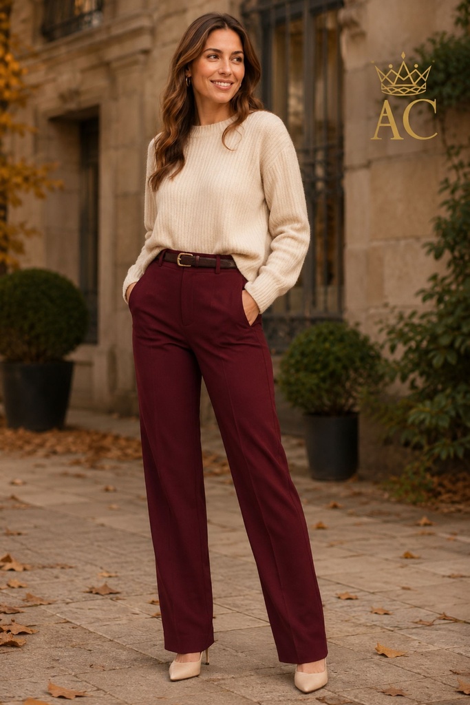 Pantalon Theodora en gabardine, taille haute, coupe droite, nervures diagonales, avec une fine ceinture en simili cuir écologique