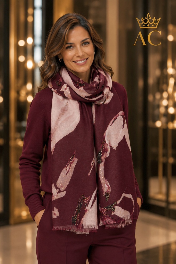 Valerio nm100 Scarf: Blurred flower on a stem with a gold-plated frayed end
