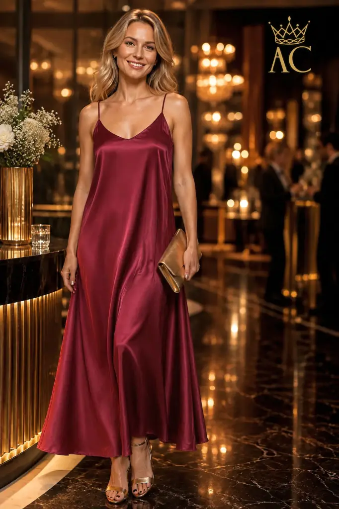 Philemon Long Satin Dress: Solid Satin, Spaghetti Straps, Extra-Wide A-Line
