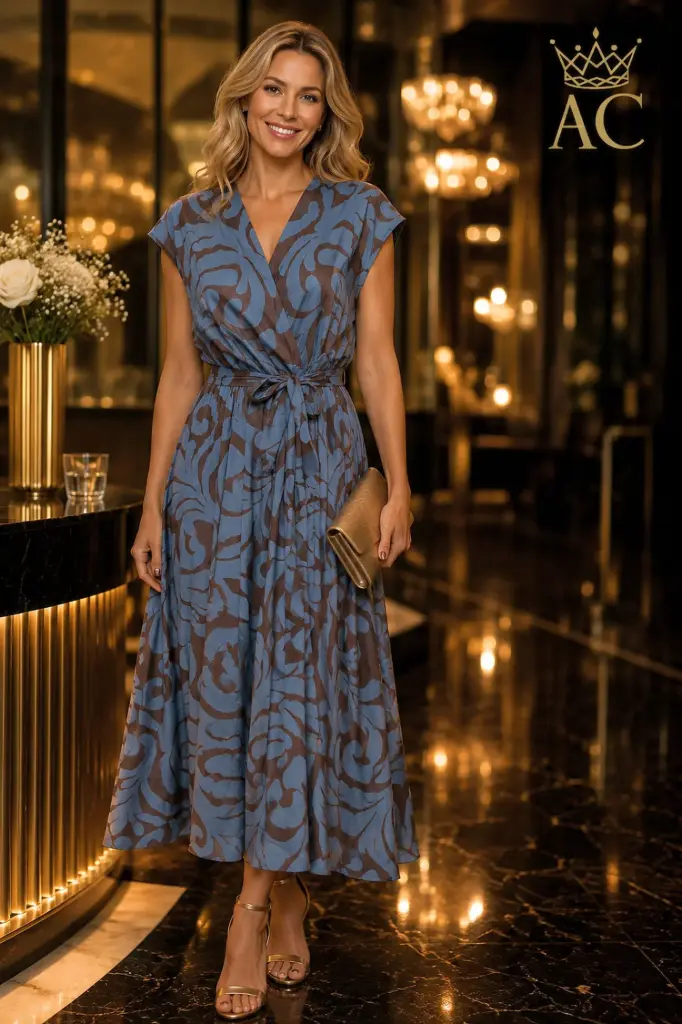 Philien nm98 Long Cotton Dress with Crossed Neckline, Bow Tie, and Wide A-Line Silhouette