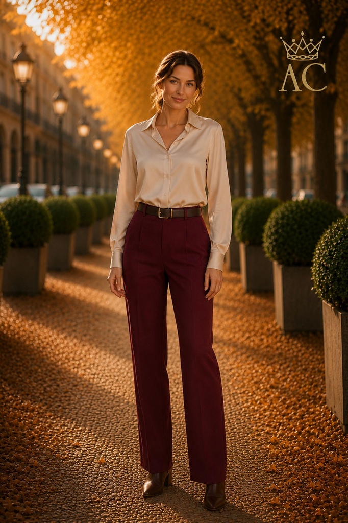 Pantalon Theodorus à motif chevrons ton sur ton, taille haute, 2 poches fausses, coupe droite