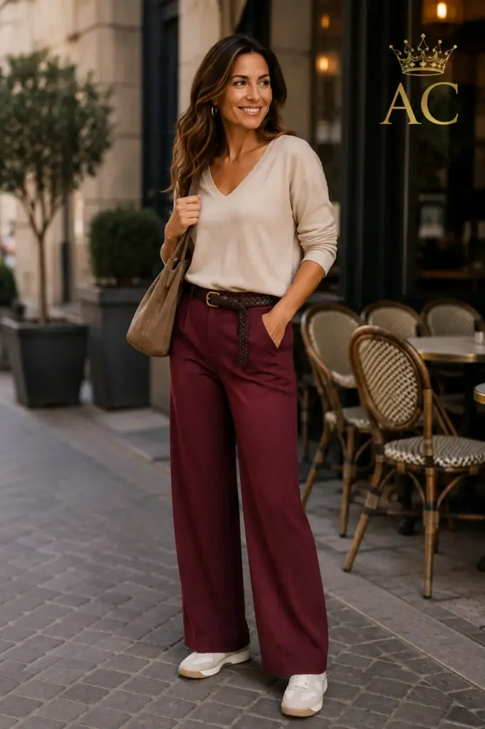 Rechte Broek Pit nm63 ecolederen gevlochten ceintuur schuine steekzakken elastische taille