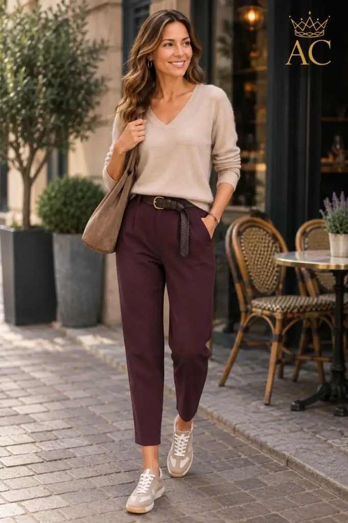 Broek Pavlos nm79 schuine steekzakken 7/8 ecolederen ceintuur elastische taille