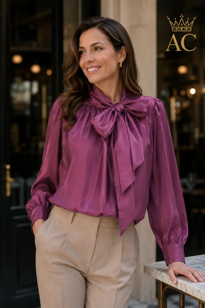 Blouse Phyleine nm85 en Tencel, avec long jabot, manches larges et poignets bouffants