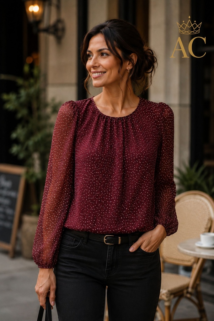 Blouse Pau ronde hals gepofte taille gepofte mouwen rugsplitje met knoopje