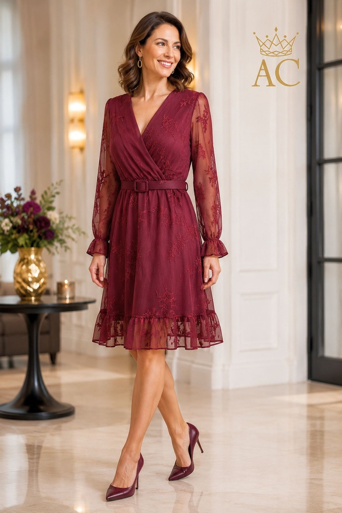 Jurk Veda nm100 tencel tule geborduurde takken gekruiste V-hals