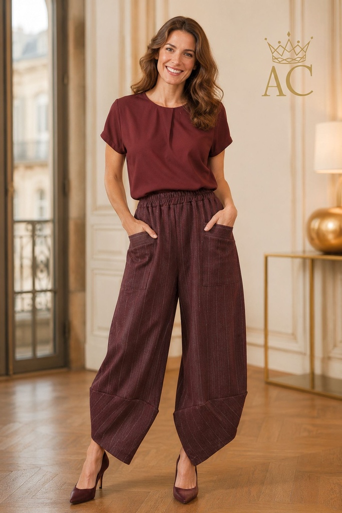Pantalon Valencia nm64, coupe ballon, motif à chevrons, poches en biais et ourlet à trois pans, en gabardine