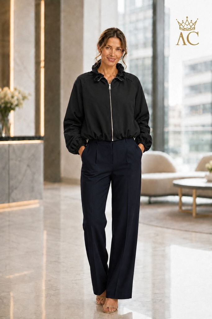 Tyrone bomber jacket in eco-suede with a gathered stand-up collar, side pockets, puffed sleeves, and a lined interior.