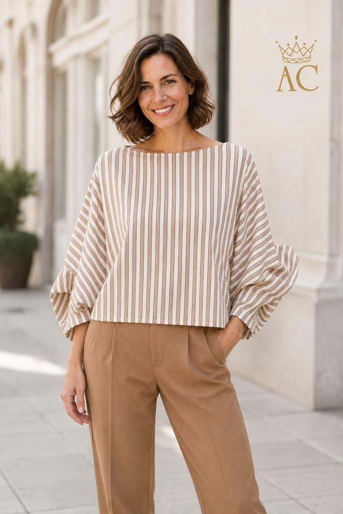 Blouse Shannon verticaal gestreepte vleermuismouw open hals