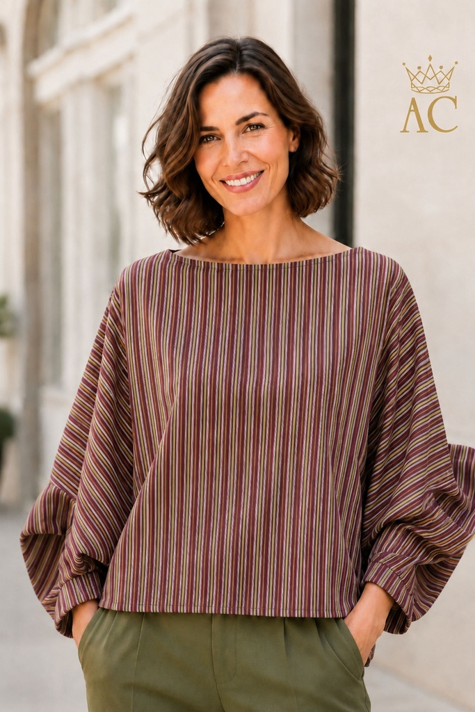 Blouse Shannon verticaal gestreepte vleermuismouw open hals