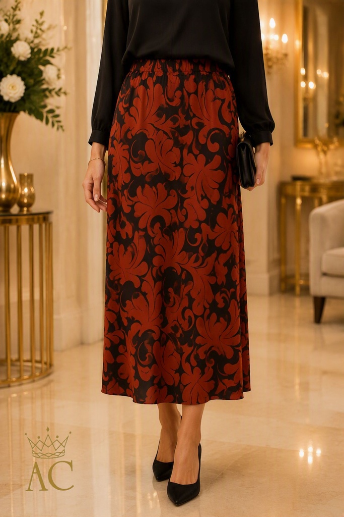 Sill Skirt with Baroque Floral Pattern, Flowing Silhouette, Elastic Waistband