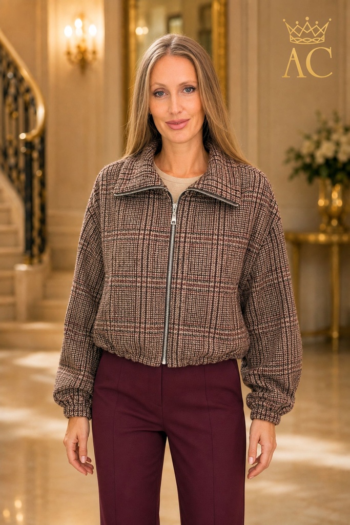 Valery Bomber Jacket with Checkered Jacquard Collar, Zipper, and Puffed Hem