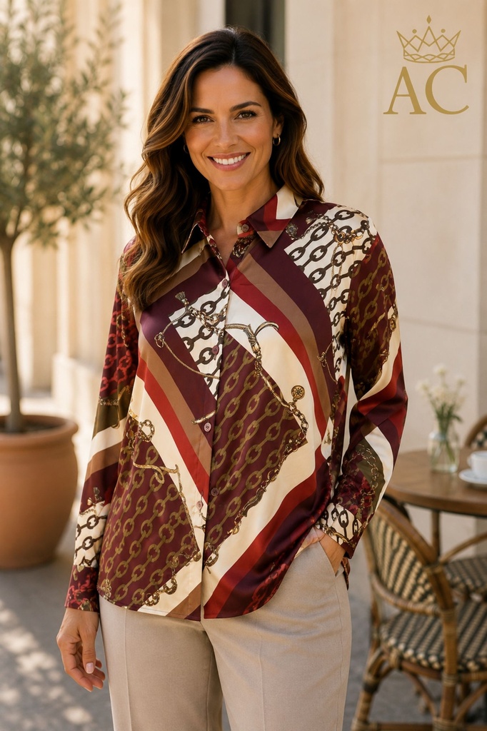 Blouse Selah kettingprint zijde-look polokraag doorgeknoopt