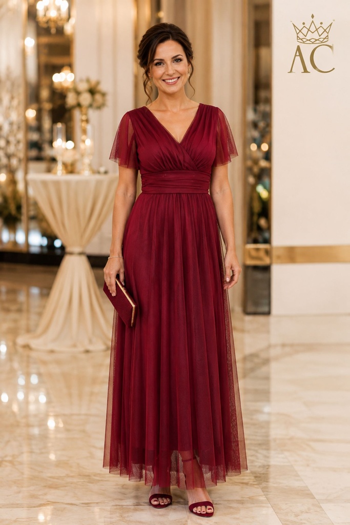 robe longue Taco Tule, col en V croisé, col en V dans le dos, manches chauve-souris, ceinture froncée, cordon de serrage, doublée