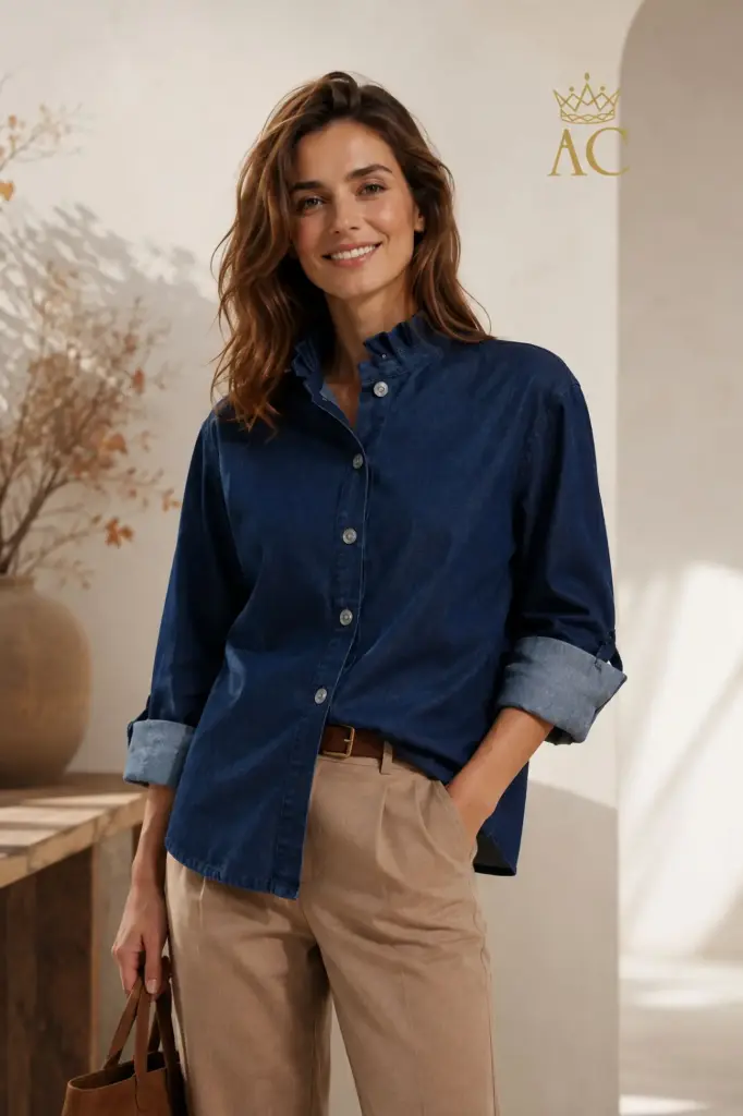 Jeansblouse nm99 Terra opstaande plisékraag metalen knopen