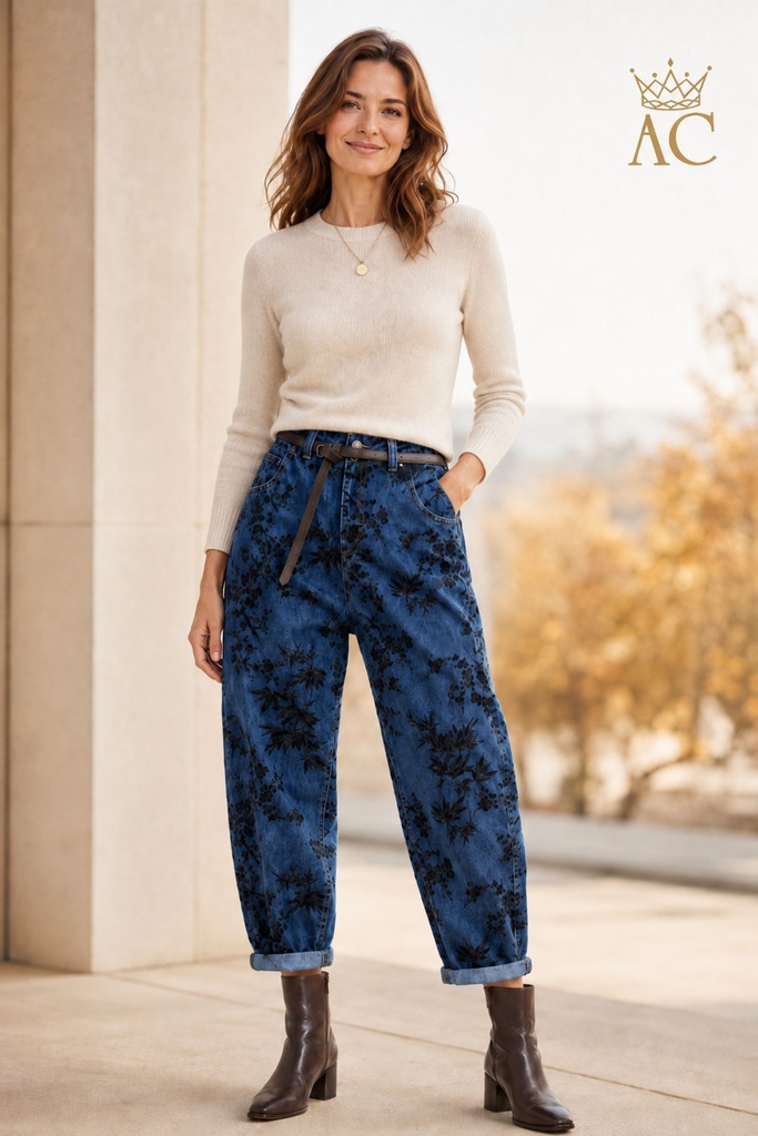 Broek Tanja nm83 jeans floké bloemen 5-pocket fijne ecoleren riem mom's fit