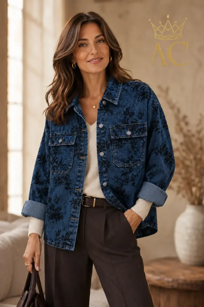 Jacket: Tiebe nm83 jeans, flocked floral print, polo collar, metal buttons, 2 patch chest pockets